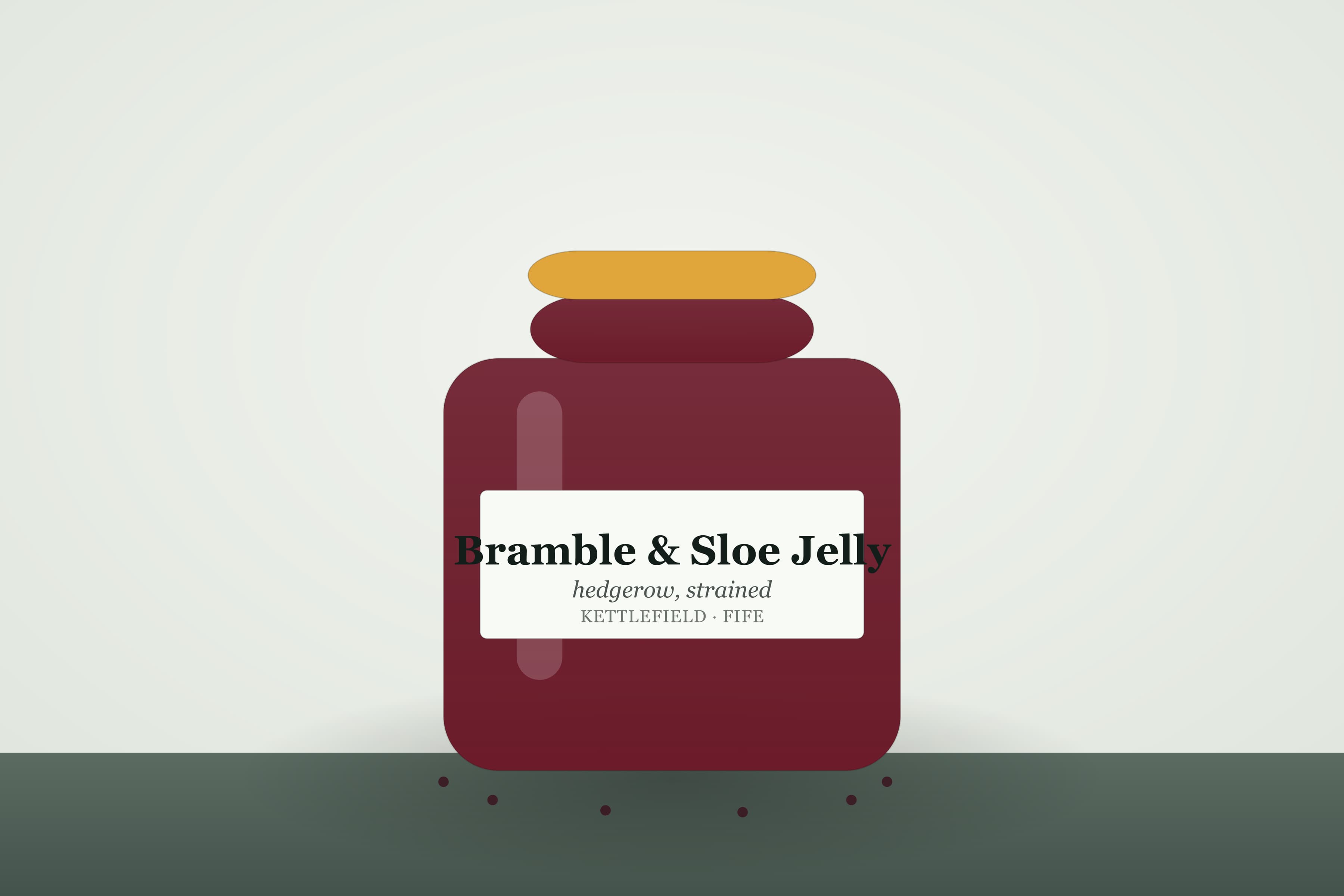 A jar of Kettlefield bramble and sloe jelly, dark garnet and translucent