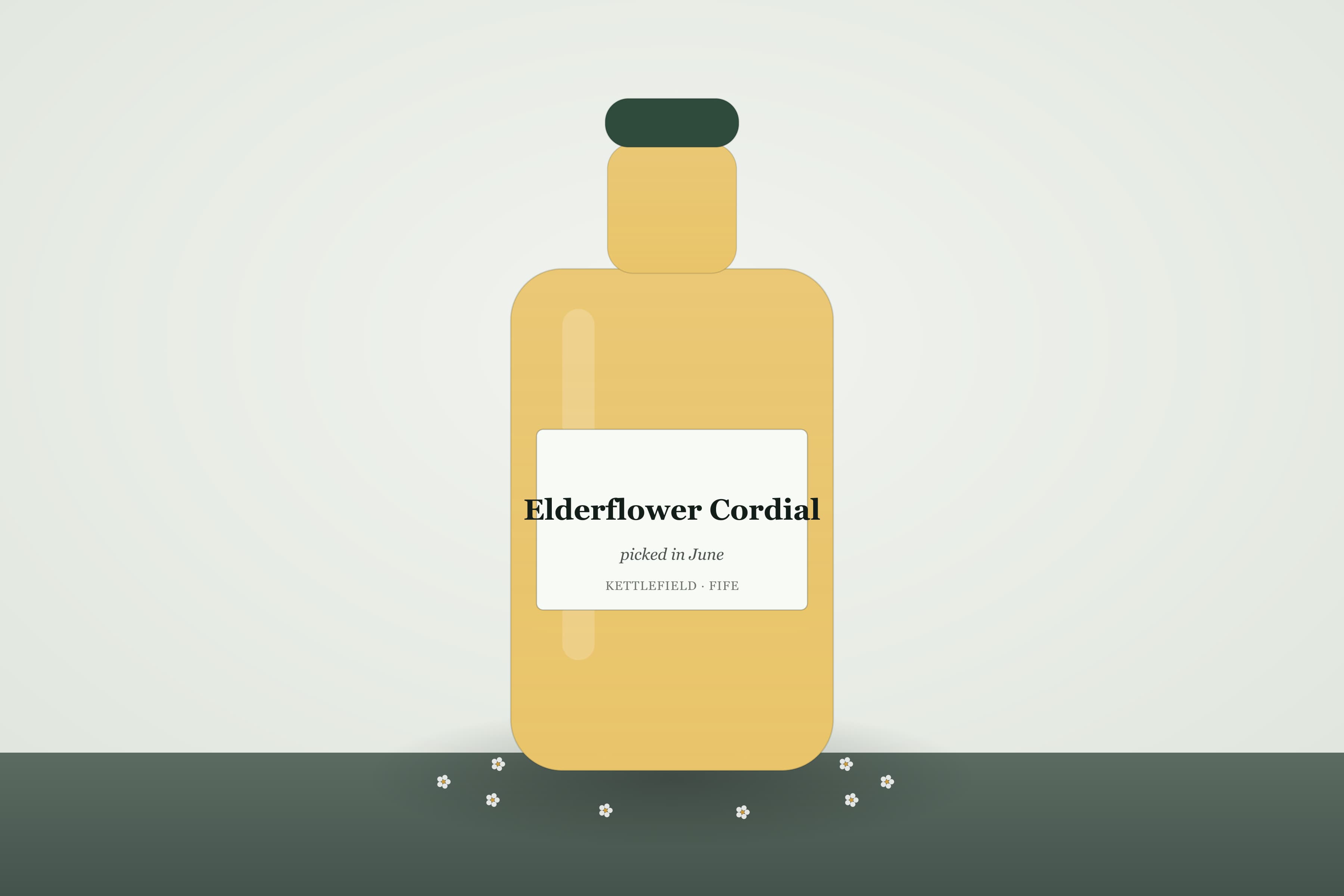 A bottle of Kettlefield elderflower cordial, pale gold, backlit