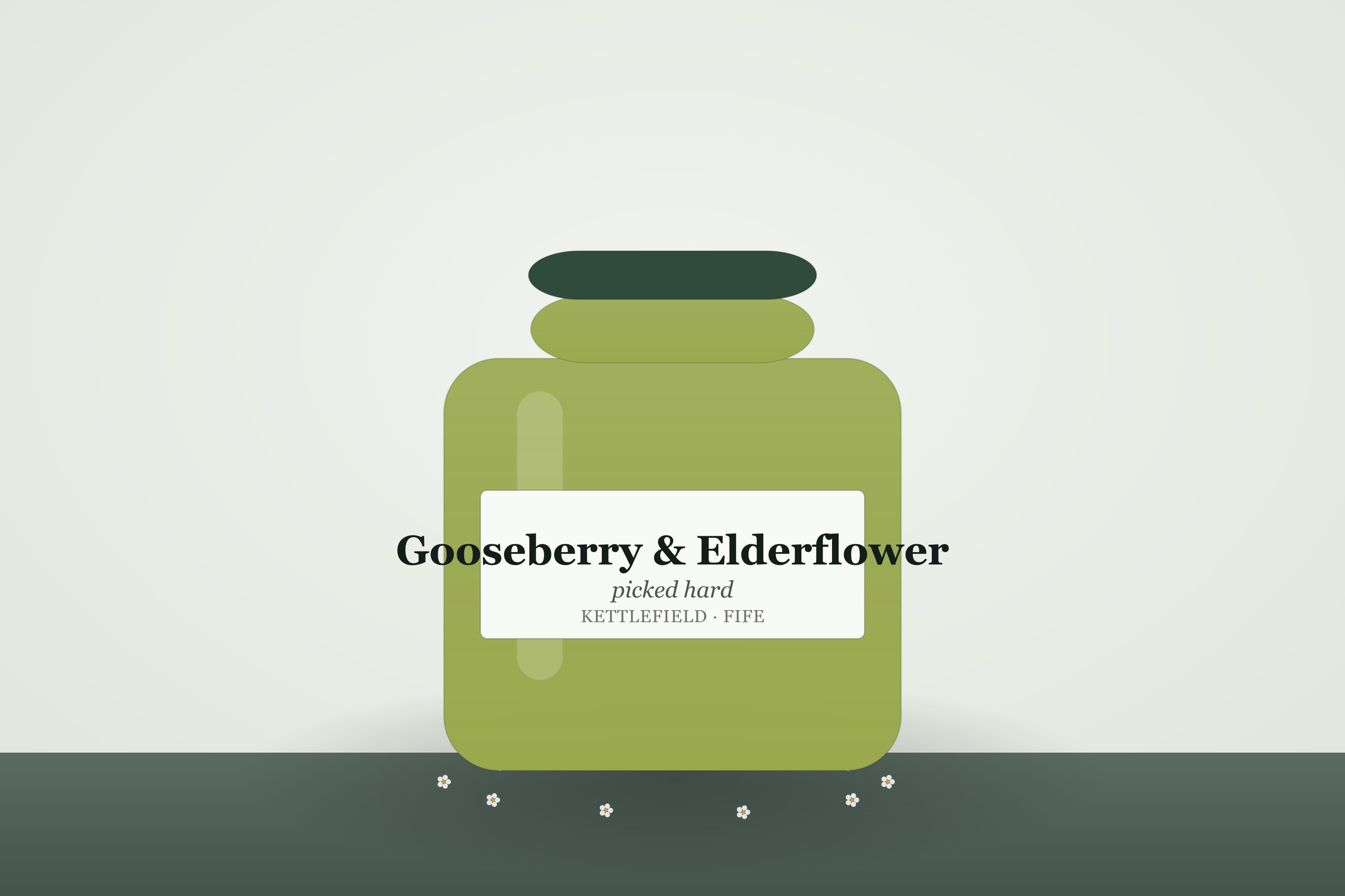 A jar of Kettlefield gooseberry and elderflower jam, pale green-gold