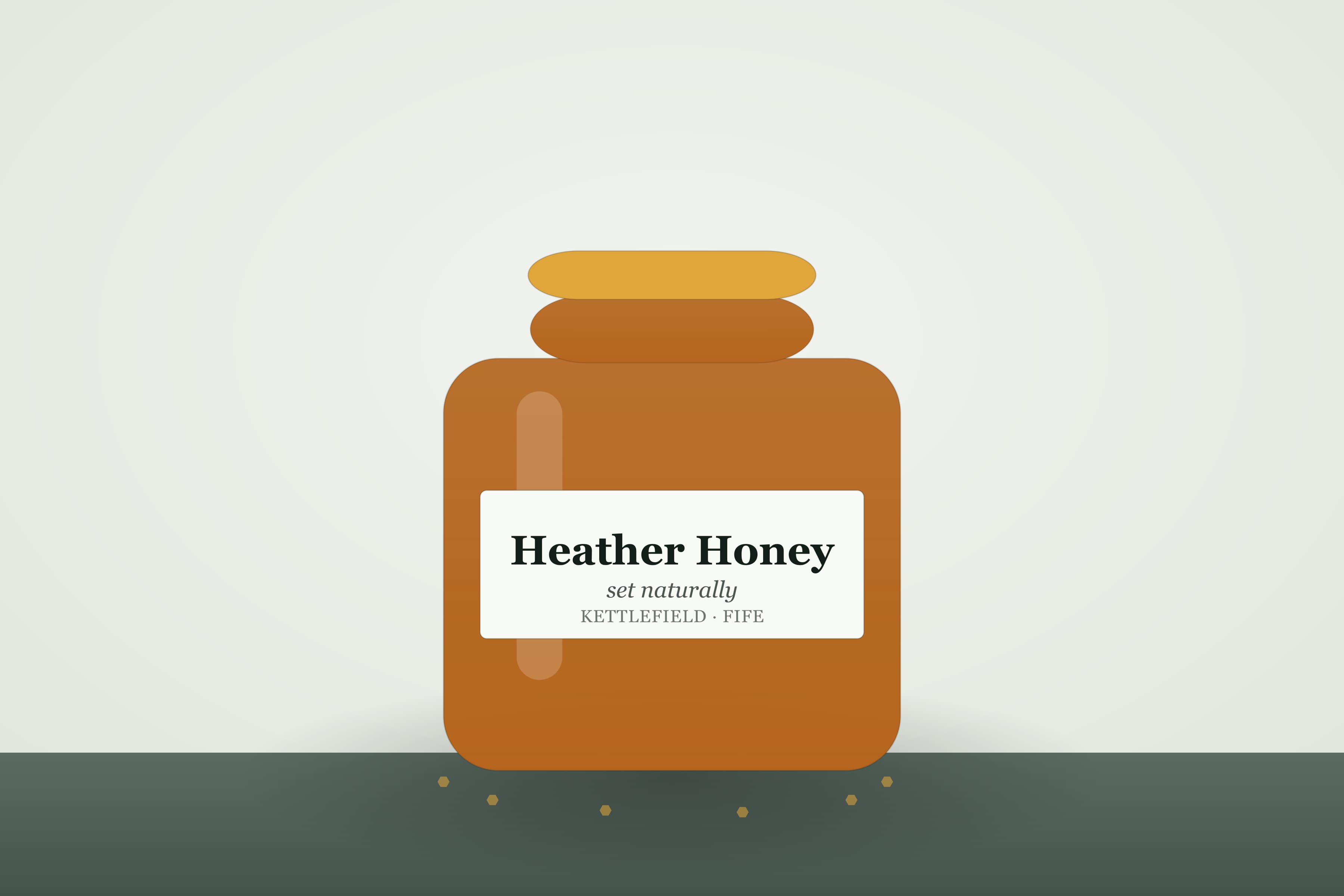 A jar of Kettlefield heather honey, dark amber and set solid