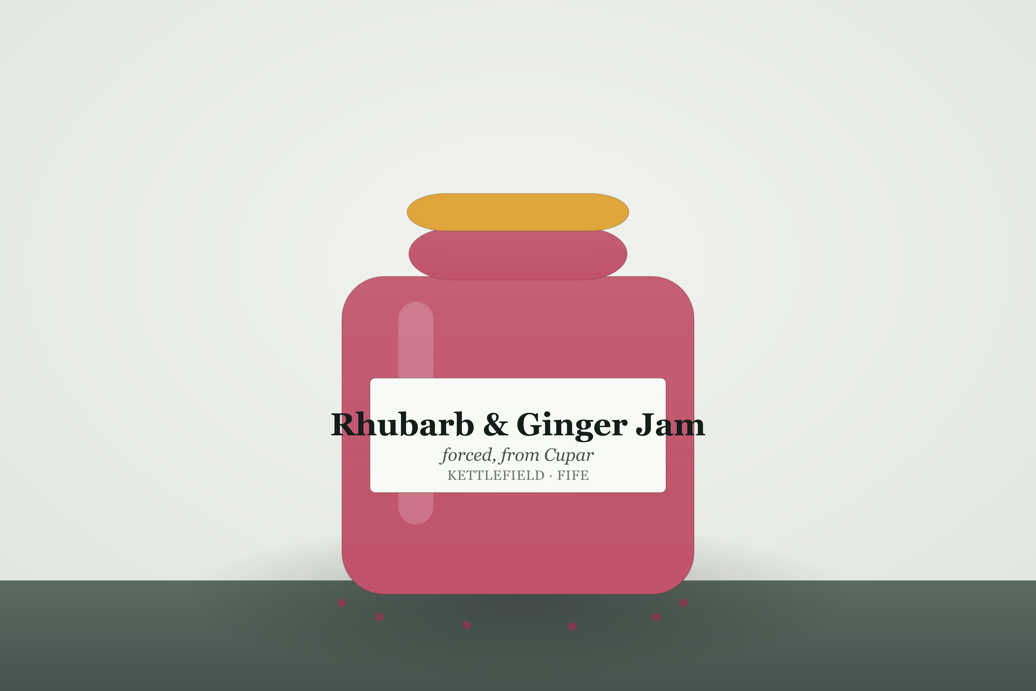 A jar of Kettlefield rhubarb and ginger jam, bright pink and loosely set