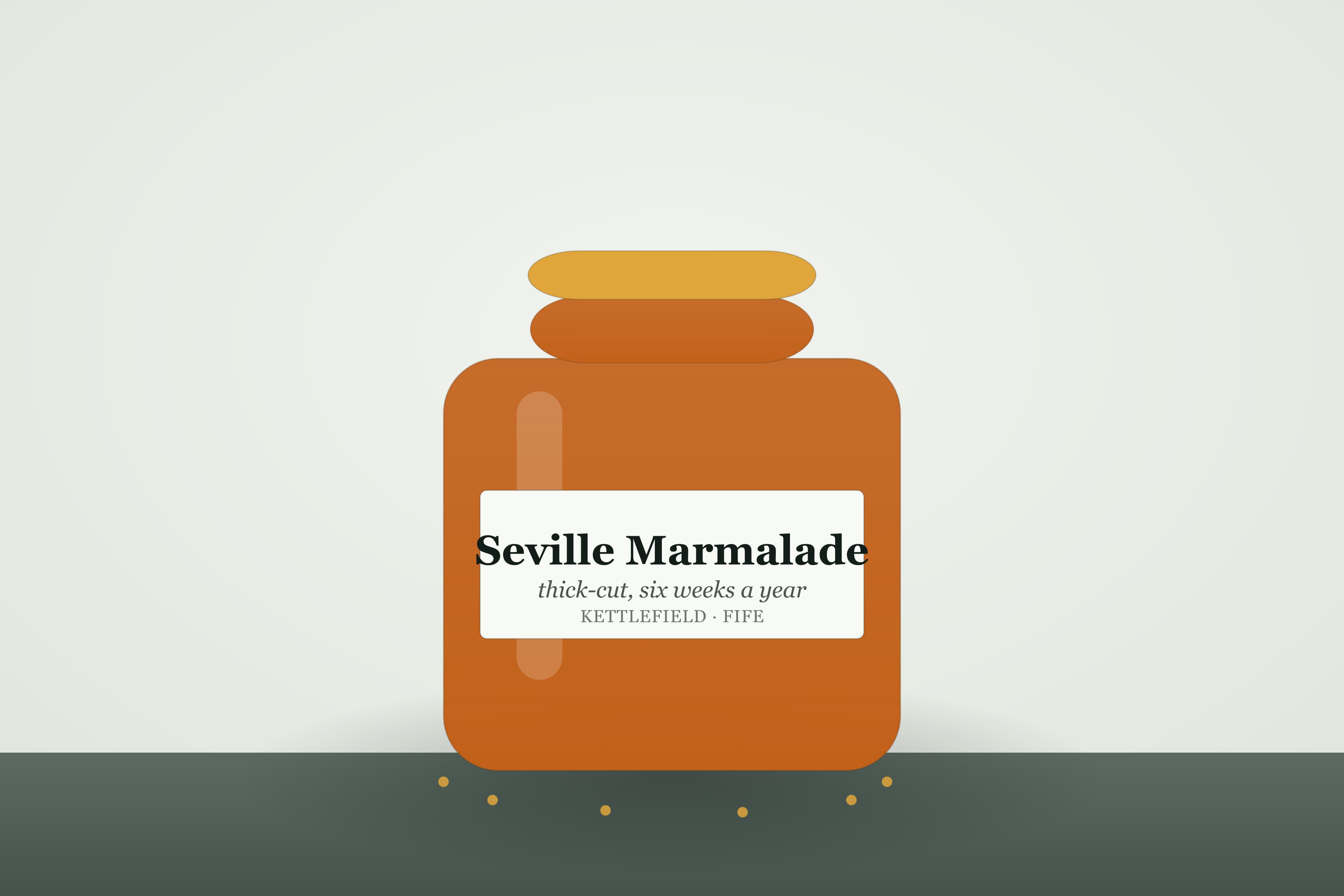 A jar of Kettlefield Seville orange marmalade, thick-cut peel suspended in amber
